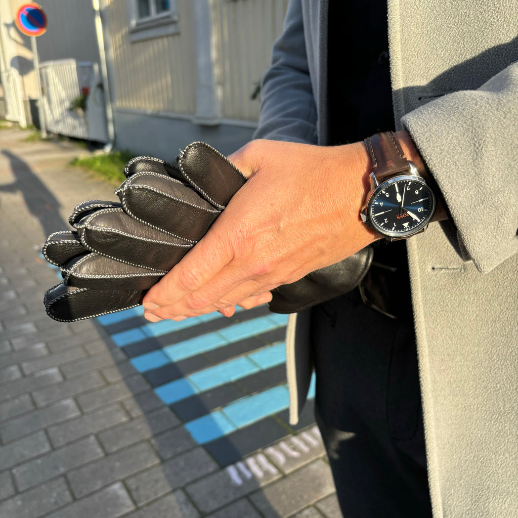 Miesten nahkakäsineet, musta/harmaa