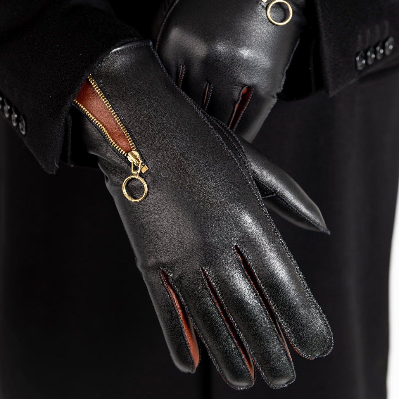 Miesten nahkakäsine, vetoketju, säänkestävä, musta