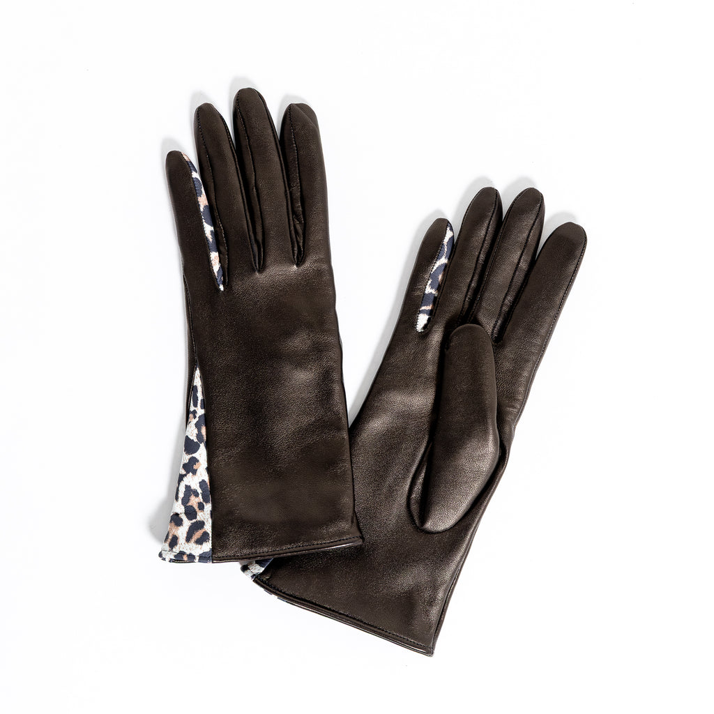 Naisten nahkakäsine, leopardikiila, musta