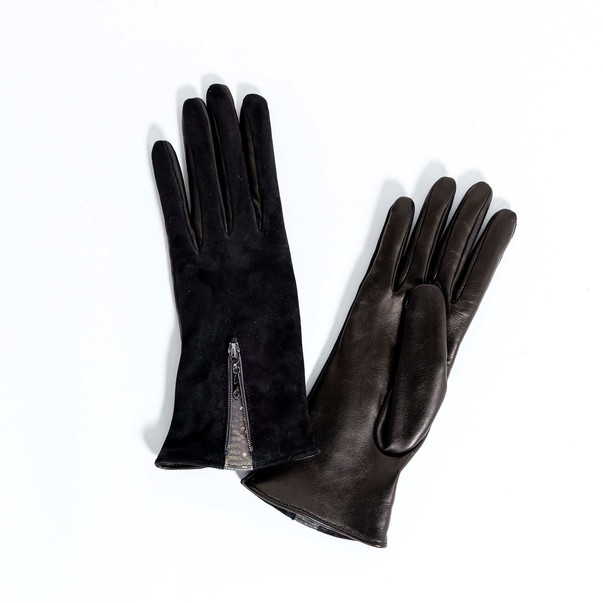 Naisten nahkakäsineet, mokka-nappa, vetoketju, musta