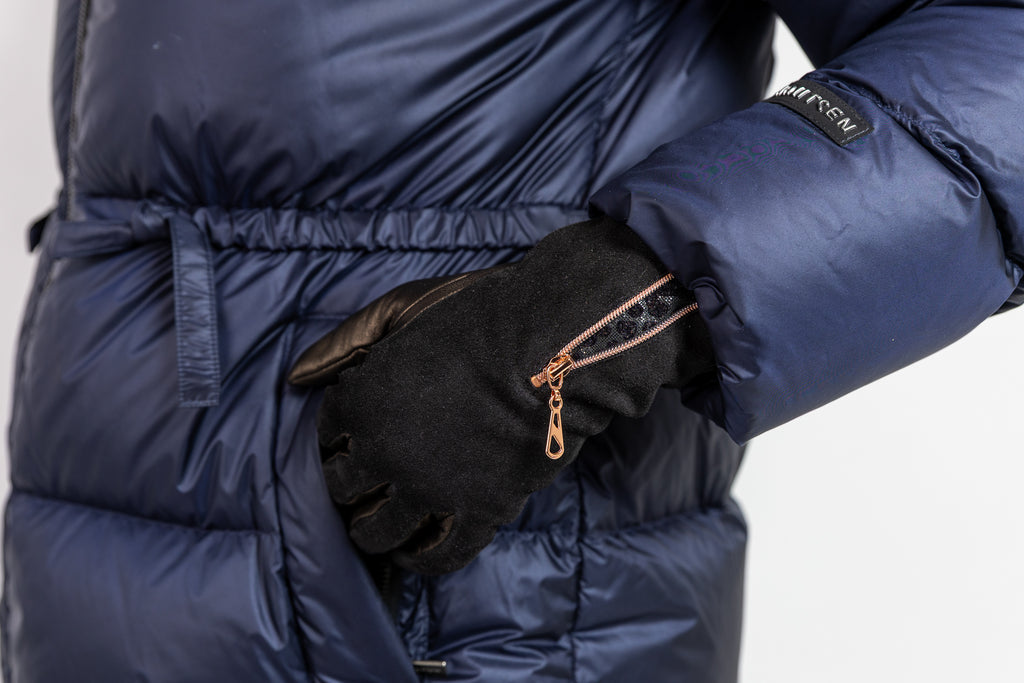 Naisten nahkakäsineet, mokka-nappa, vetoketju, musta