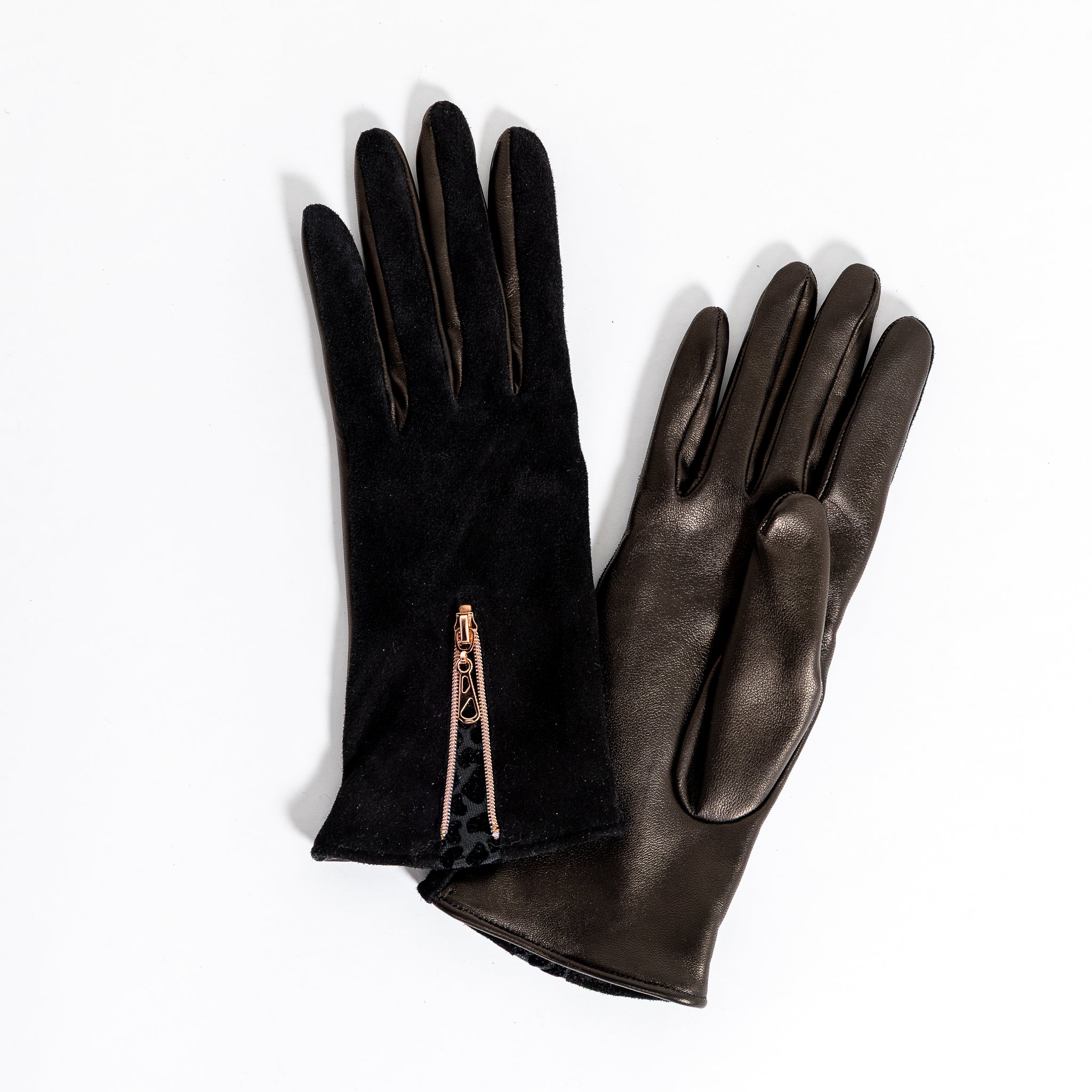 Naisten nahkakäsineet, mokka-nappa, vetoketju, musta