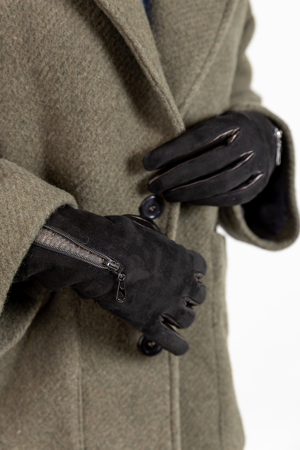 Naisten nahkakäsineet, mokka-nappa, vetoketju, musta