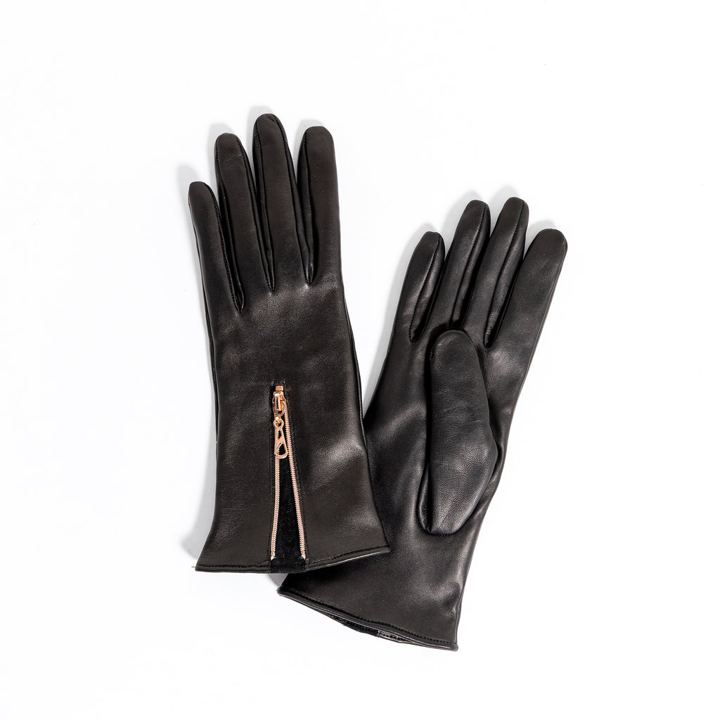 Naisten nahkakäsine, vetkoketju, musta