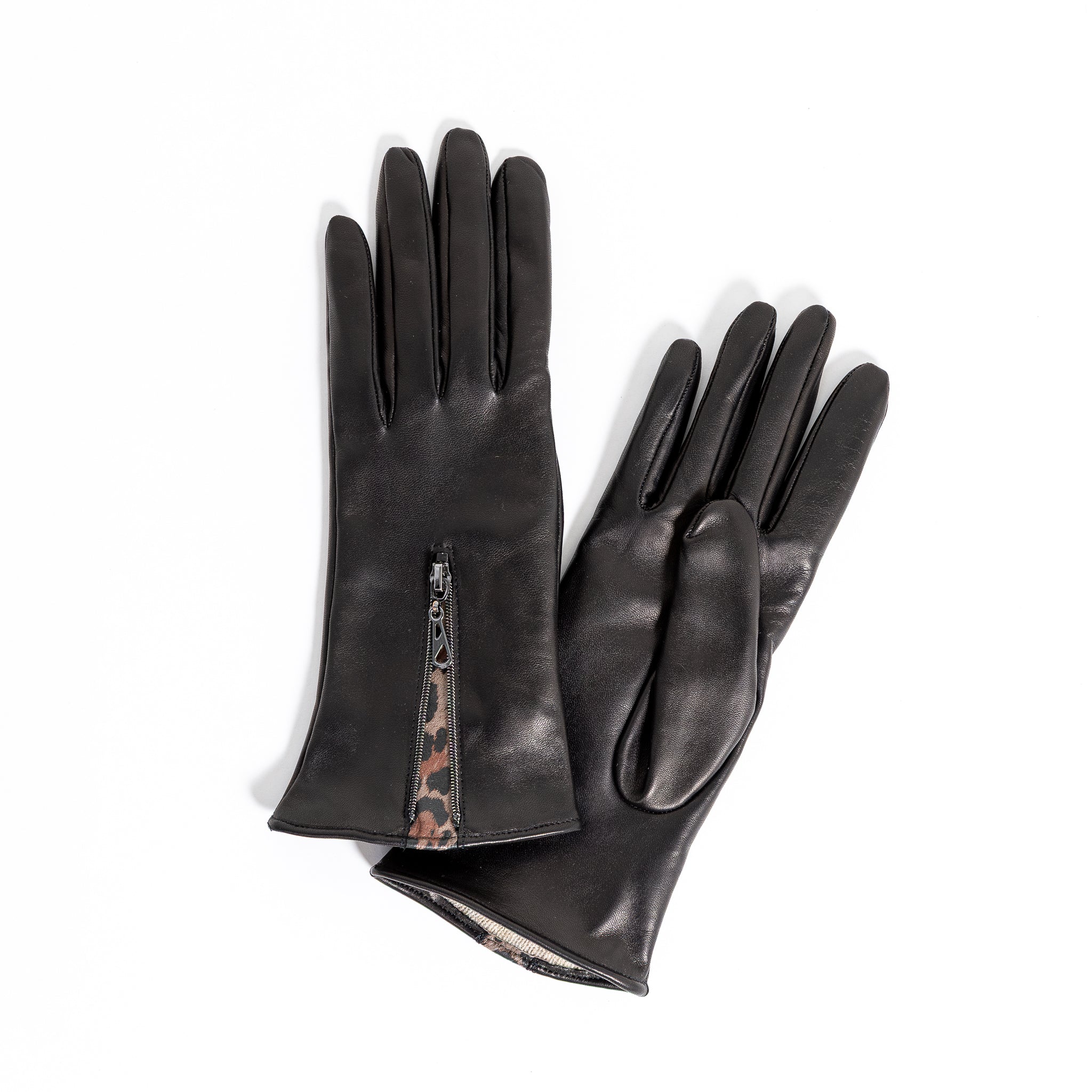 Naisten nahkakäsine, pidempi vetoketju, gun metal, musta