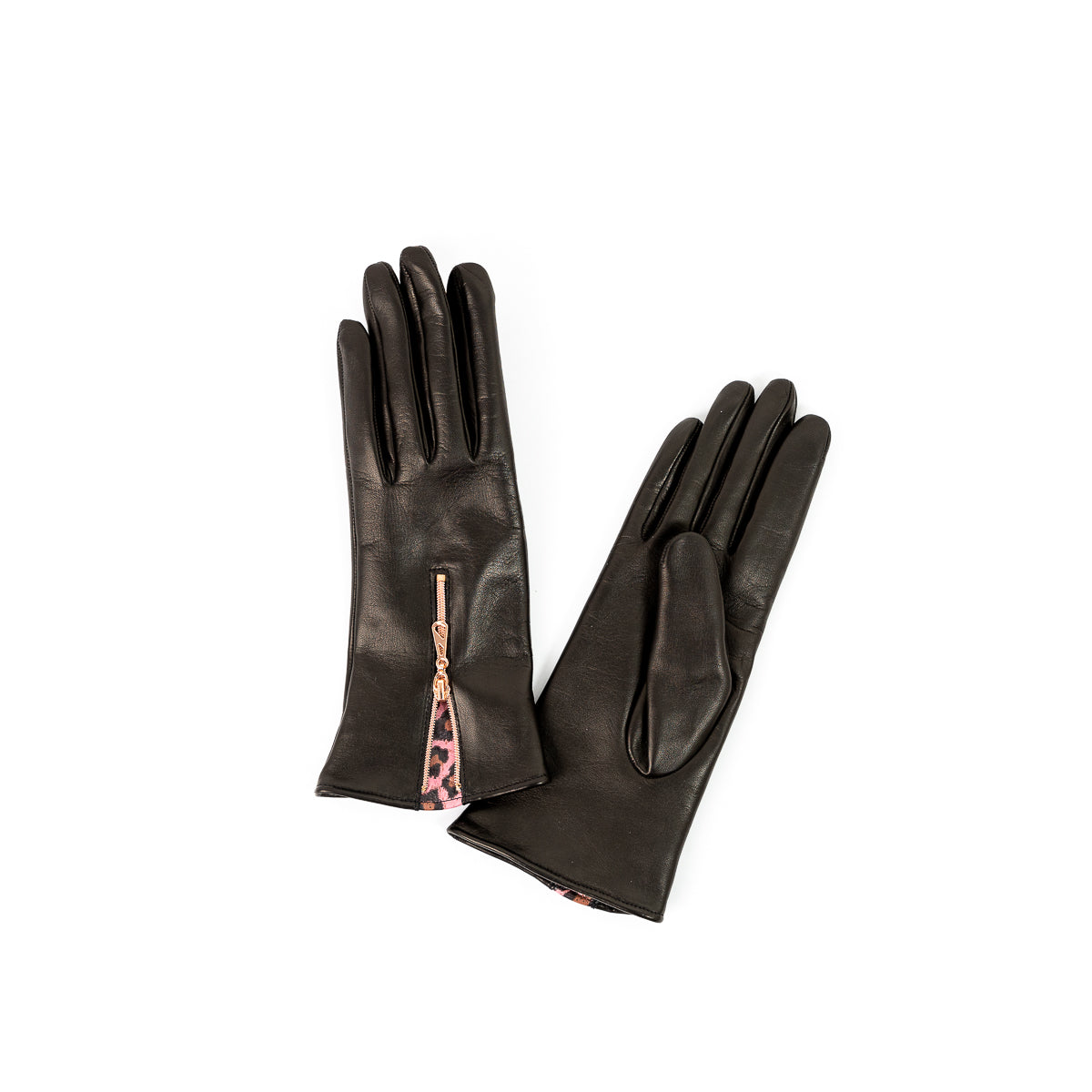 Naisten nahkakäsine, pidempi vetoketju, ruusukulta, musta