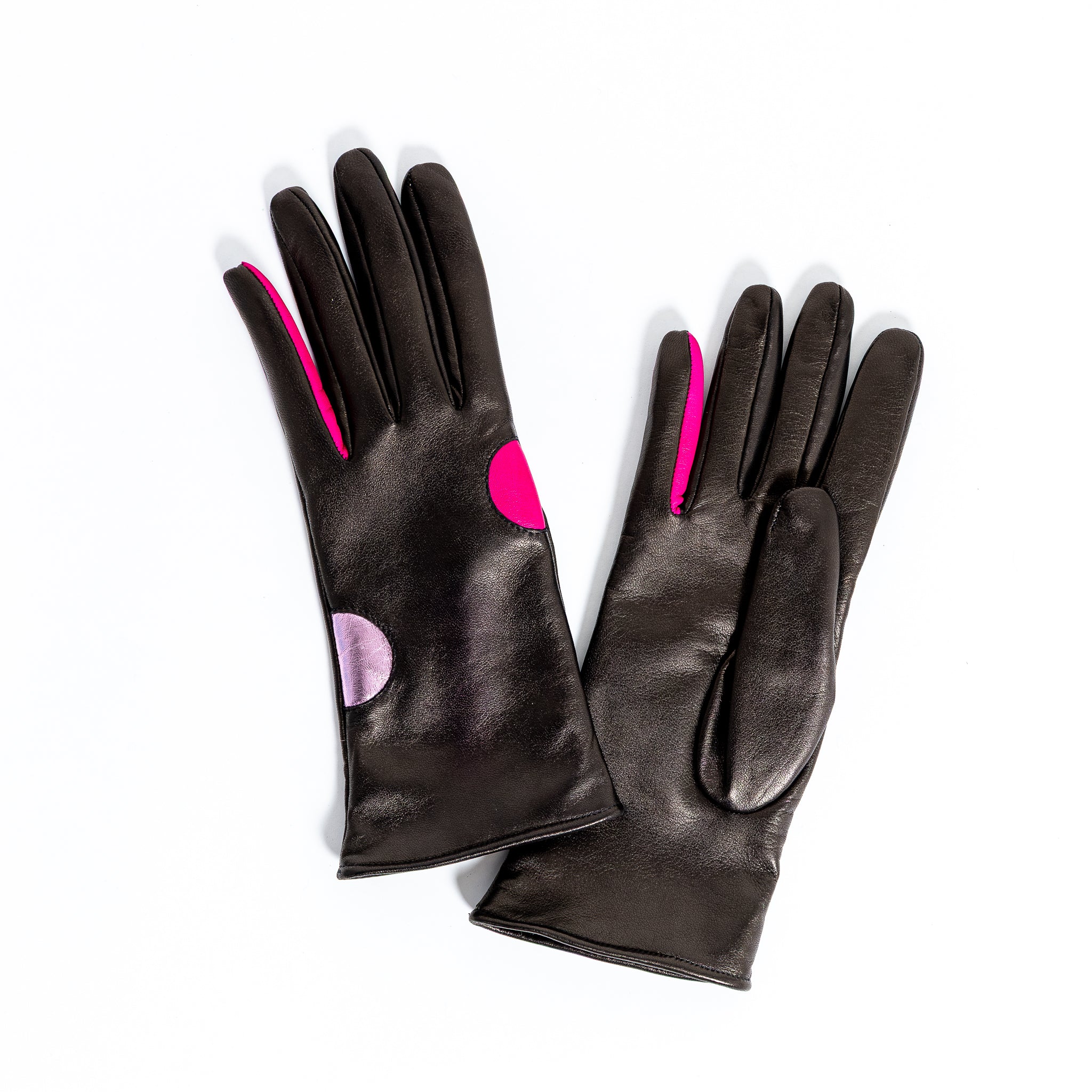 Naisten nahkakäsine, pinkkipallot, musta