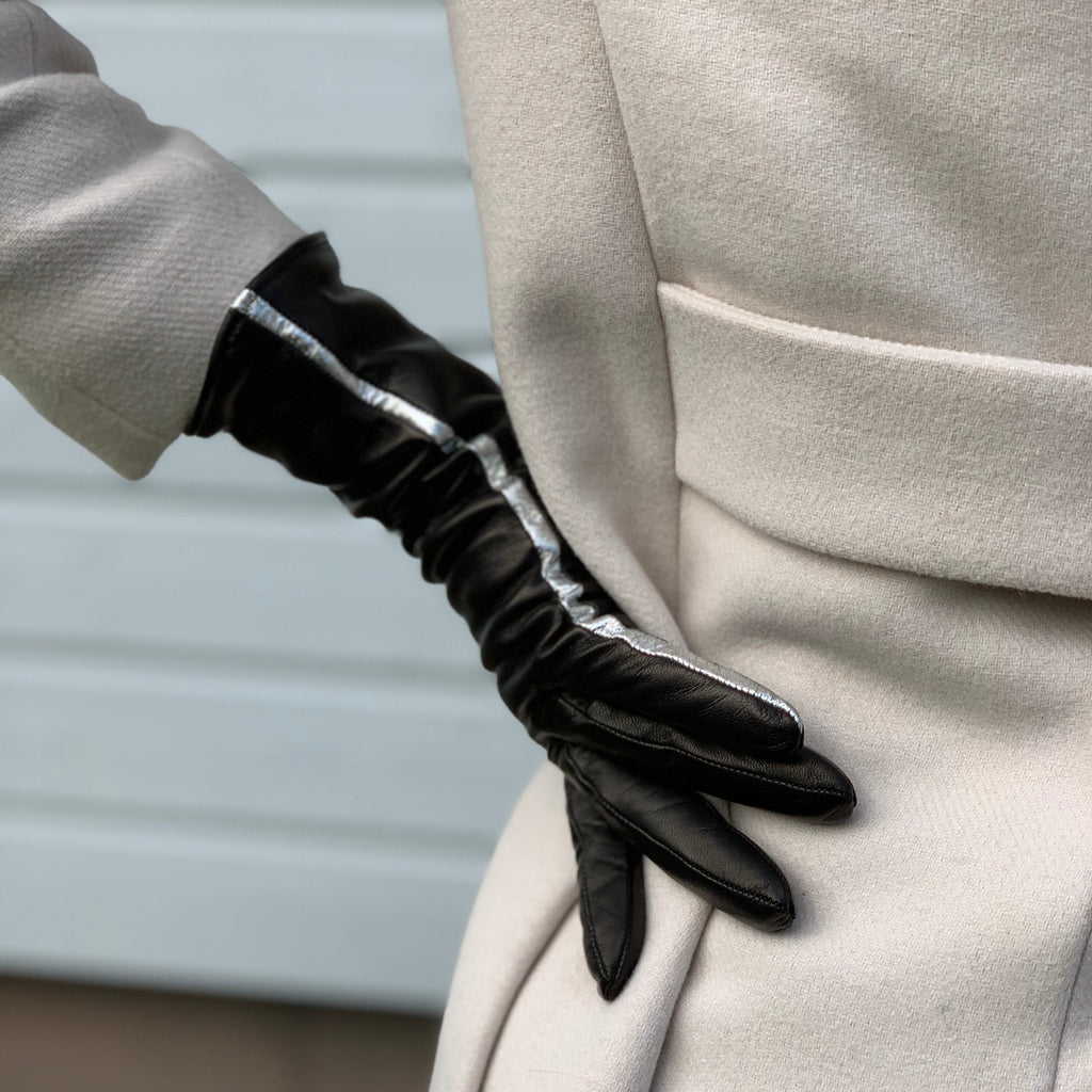 Naisten nahkakäsine, eleganssi, pidempi varsi, musta