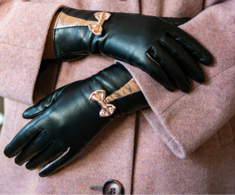 Naisten nahkakäsine, rusettikiila, ruusukulta