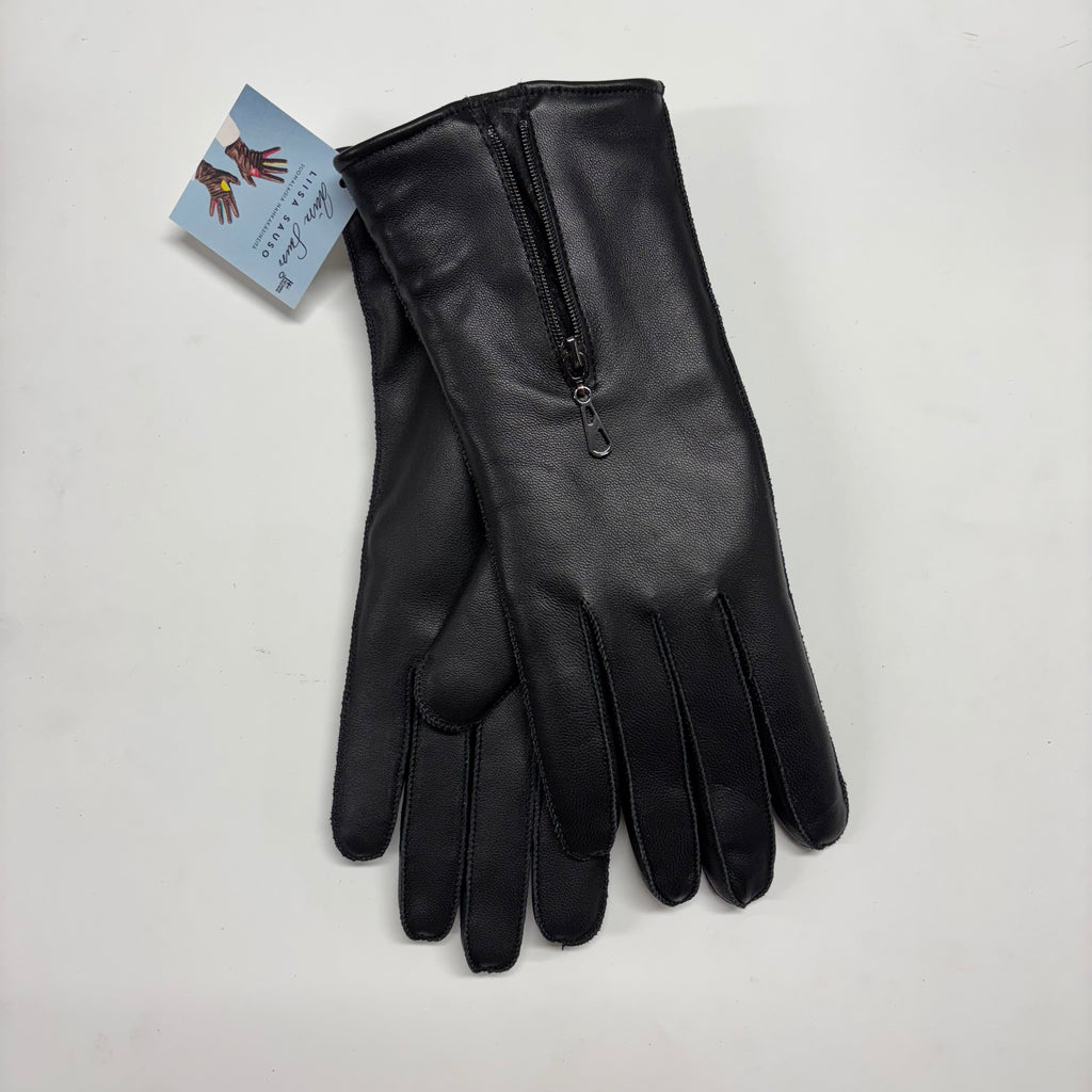 Naisten nahkakäsine, säänkestävä, vetoketju, musta