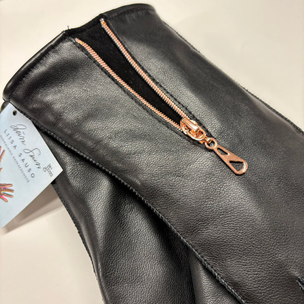 Naisten nahkakäsine, säänkestävä, vetoketju, musta