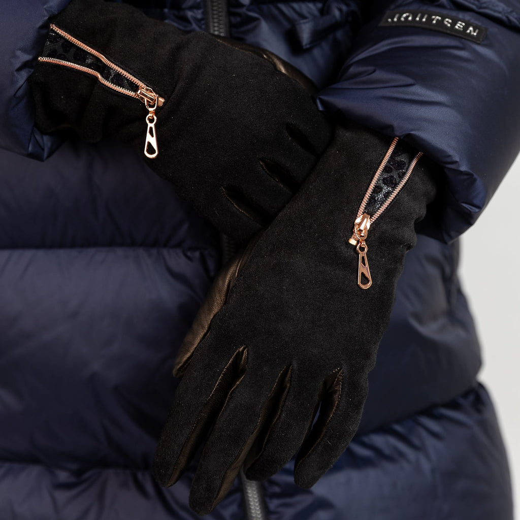 Naisten nahkakäsineet, mokka-nappa, vetoketju, musta