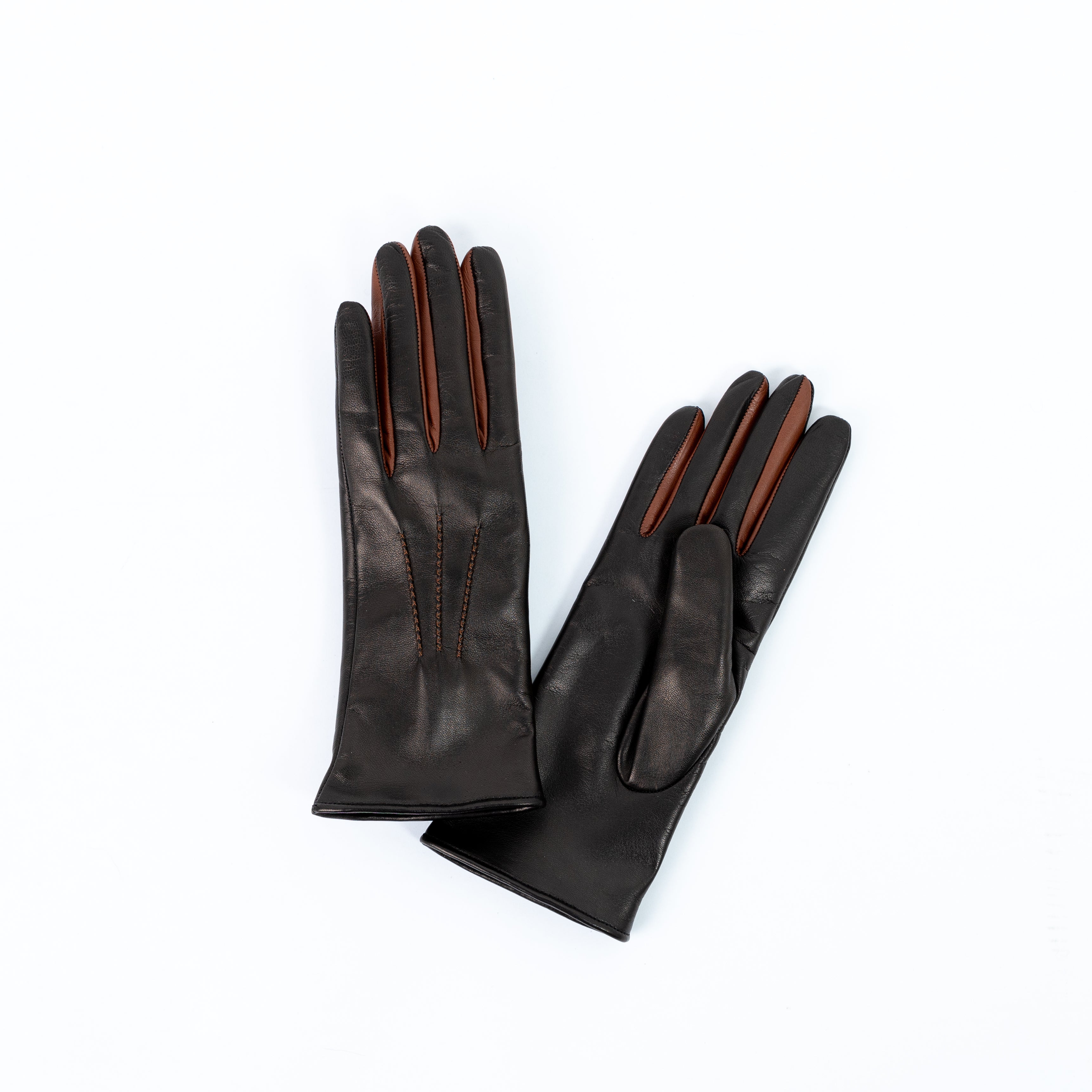 Naisten nahkakäsine, koristeompeleet, musta/ruskea