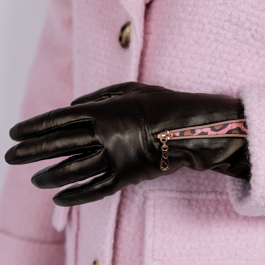 Naisten nahkakäsine, pidempi vetoketju, ruusukulta, musta