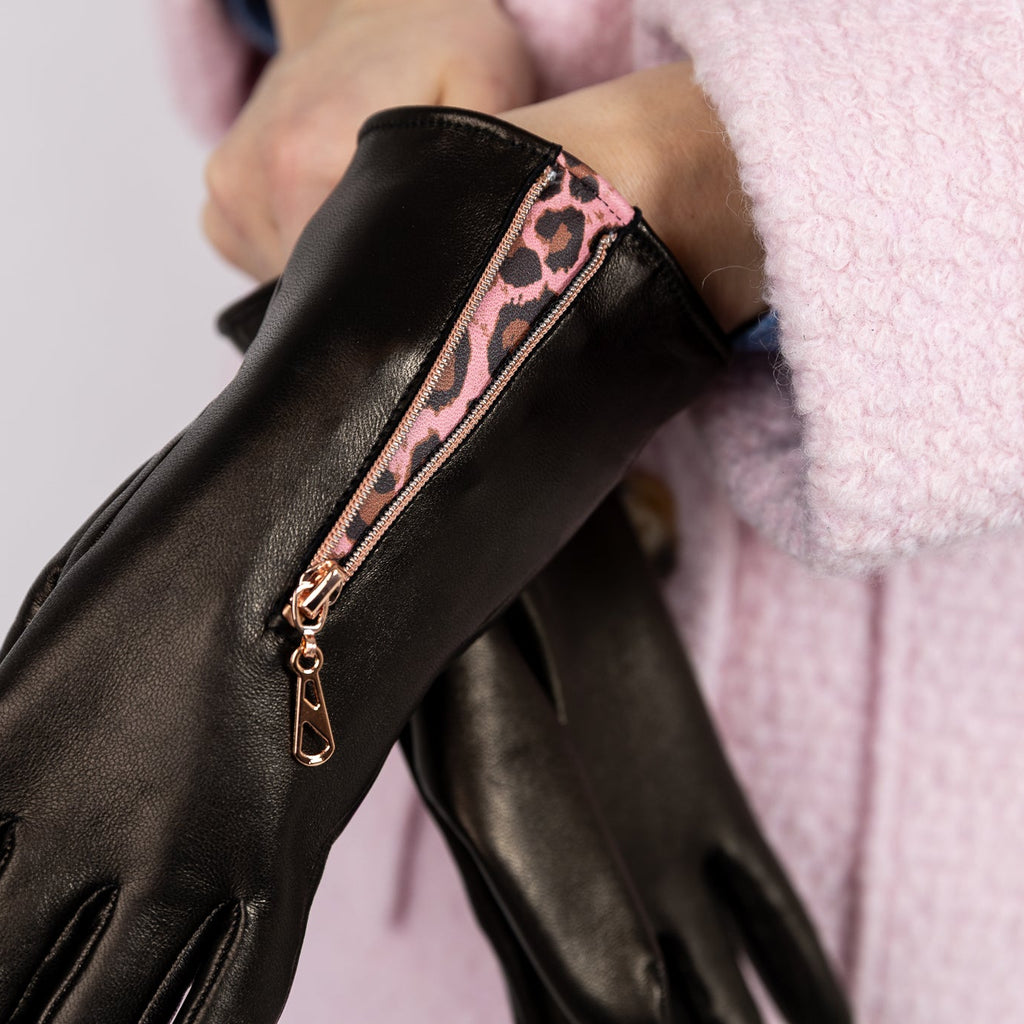 Naisten nahkakäsine, pidempi vetoketju, ruusukulta, musta