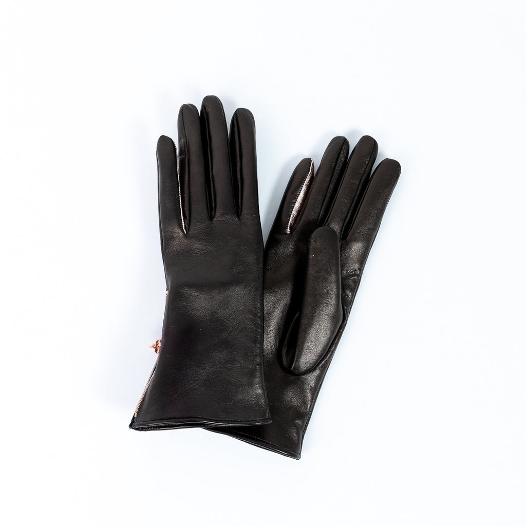 Naisten nahkakäsine, pidempi sivuvetoketju, ruusukulta, musta