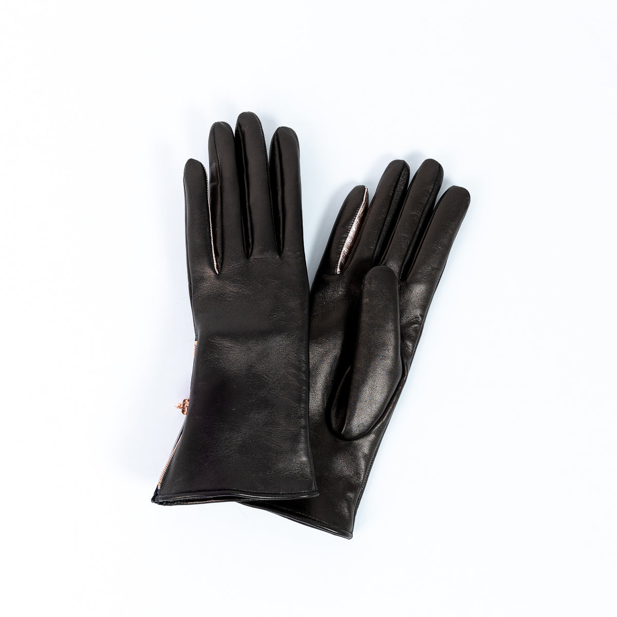 Naisten nahkakäsine, pidempi sivuvetoketju, ruusukulta, musta